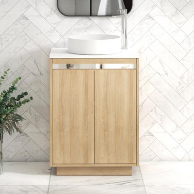 B&Q -  Orion 600mm Natural Oak Floor Standing Vanity Unit 2 Door With Plain White Undrilled Worktop & Chrome Accent Trim