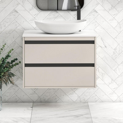 B&Q -  Orion 800mm Warm Taupe Wall Hung Plain White Countertop Vanity Unit 2 Drawer With Cesar Basin & Black Accent Trim