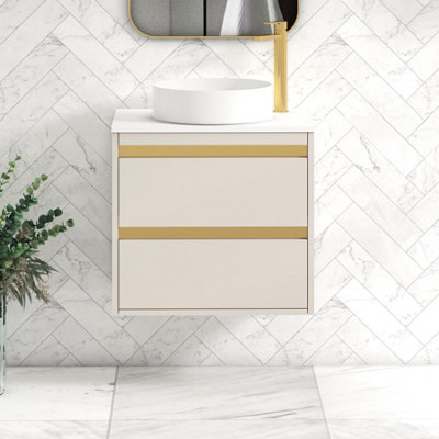 B&Q -  Orion 600mm Warm Taupe Wall Hung Vanity Unit 2 Drawer With Plain White Undrilled Worktop & Brushed Brass Accent Trim
