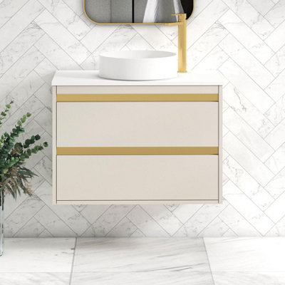 B&Q -  Orion 800mm Warm Taupe Wall Hung Plain White Countertop Vanity Unit 2 Drawer With Art Basin & Brushed Brass Accent Trim