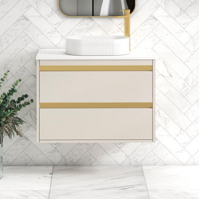 B&Q -  Orion 800mm Warm Taupe Wall Hung Plain White Countertop Vanity Unit 2 Drawer With Lyon Basin & Brushed Brass Accent Trim