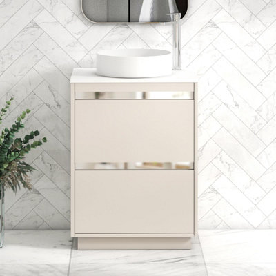 B&Q -  Orion 600mm Warm Taupe Floor Standing Vanity Unit 2 Drawer With Plain White Undrilled Worktop & Chrome Accent Trim