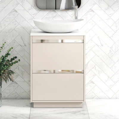 B&Q -  Orion 600mm Warm Taupe Floor Standing Plain White Countertop Vanity Unit 2 Drawer With Cesar Basin & Chrome Accent Trim