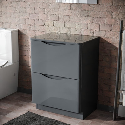  - 600mm Gloss Grey 2 Drawer Work Top Freestanding Vanity Unit Bathroom