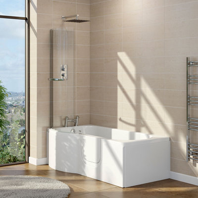 Walk in L shaped shower bath with a door on the side to allow easier access.