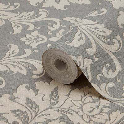 GoodHome Mire Grey Damask Woven Effect Vintage Textured Wallpaper from B&Q