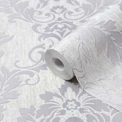 GoodHome Phacelia Grey Damask Shabby Chic Textured Wallpaper from B&Q