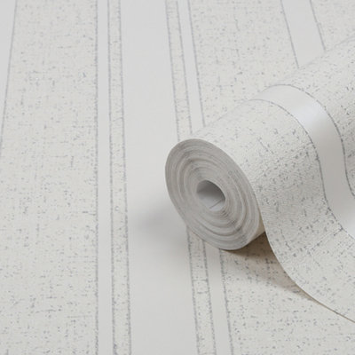 GoodHome Solfia White Striped Glitter Effect Shabby Chic Textured Wallpaper from B&Q
