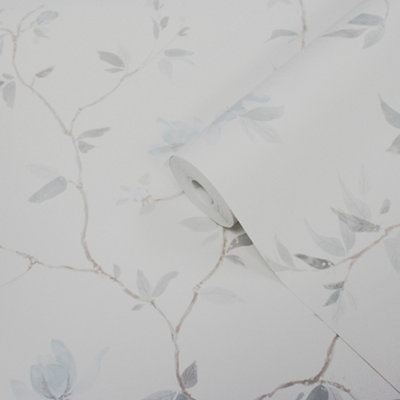 GoodHome Mugga Blue Floral Shabby Chic Textured Wallpaper from B&Q