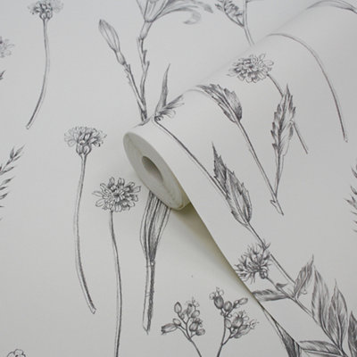 GoodHome Conyza Grey & White Floral Shabby Chic Textured Wallpaper from B&Q