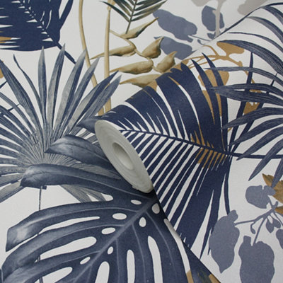 GoodHome Ferula Blue Tropical Leaves Abstract Textured Wallpaper from B&Q