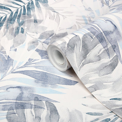 GoodHome Jarava Blue Leaves Shabby Chic Textured Wallpaper from B&Q