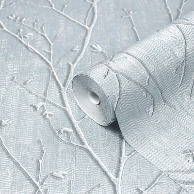 GoodHome Obetia Teal Tree Metallic Effect Rustic Textured Wallpaper from B&Q
