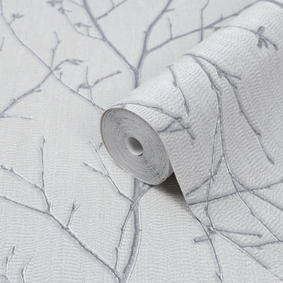 GoodHome Obetia Grey Tree Silver Effect Rustic Smooth Wallpaper from B&Q