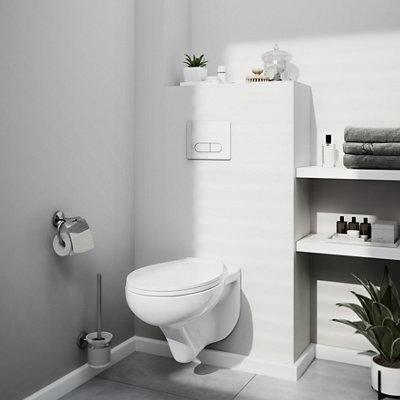 Wall hung toilet which has a toilet bowl that is raised off the floor and has no visible cistern.