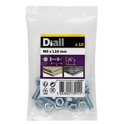 Diall M6 Hex Carbon Steel (Grade 5.8) Bolt & Nut (L)16mmPack Of 10 from B&Q