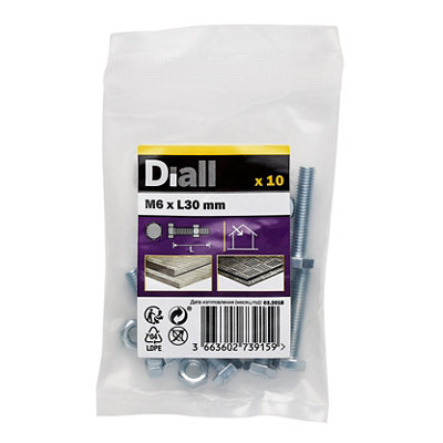 Diall M6 Hex Carbon Steel (Grade 5.8) Bolt & Nut (L)30mmPack Of 10 from B&Q
