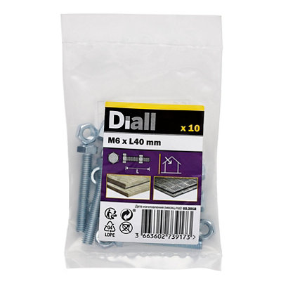 Diall M6 Hex Carbon Steel (Grade 5.8) Bolt & Nut (L)40mmPack Of 10 from B&Q