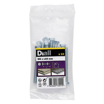 Diall M6 Hex Carbon Steel (Grade 5.8) Bolt & Nut (L)60mmPack Of 10 from B&Q