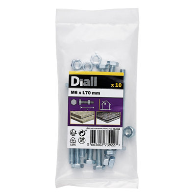Diall M6 Hex Carbon Steel (Grade 5.8) Bolt & Nut (L)70mmPack Of 10 from B&Q