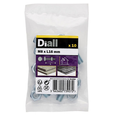 Diall M8 Hex Carbon Steel (Grade 5.8) Bolt & Nut (L)16mmPack Of 10 from B&Q