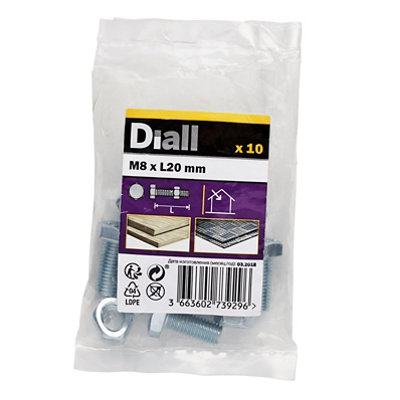 Diall M8 Hex Carbon Steel (Grade 5.8) Bolt & Nut (L)20mmPack Of 10 from B&Q