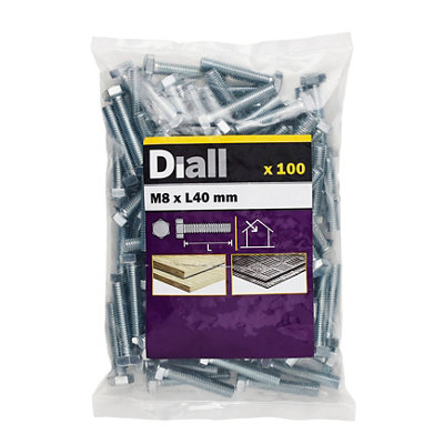 Diall M8 Hex Carbon Steel (Grade 5.8) Bolt & Nut (L)40mmPack Of 100 from B&Q