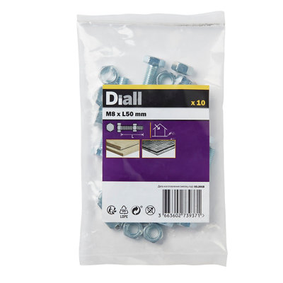 Diall M8 Hex Carbon Steel Bolt & Nut (L)50mmPack Of 10 from B&Q