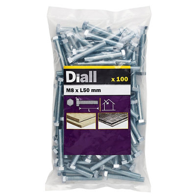 Diall M8 Hex Carbon Steel (Grade 5.8) Bolt & Nut (L)50mmPack Of 100 from B&Q