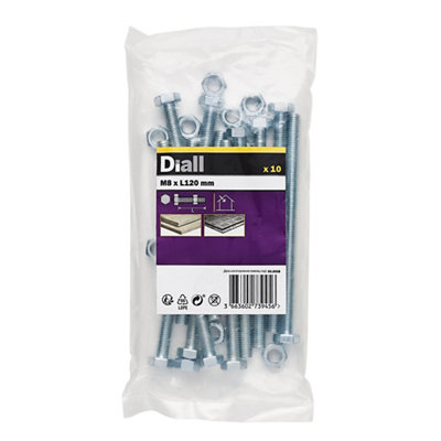 Diall M8 Hex Carbon Steel (Grade 5.8) Bolt & Nut (L)120mmPack Of 10 from B&Q