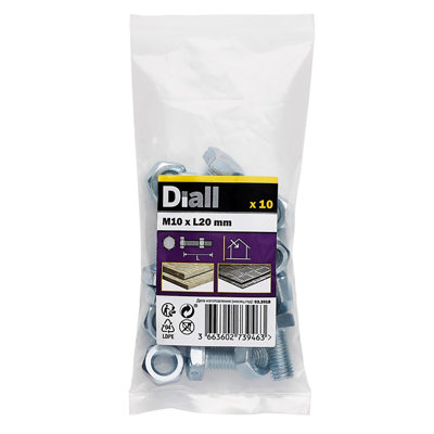 Diall M10 Hex Carbon Steel (Grade 5.8) Bolt & Nut (L)20mmPack Of 10 from B&Q
