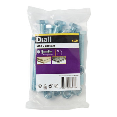 B&Q -  M10 Hex Carbon Steel Bolt & Nut (L)80mmPack Of 10