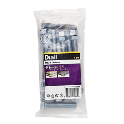 Diall M12 Hex Carbon Steel (Grade 5.8) Bolt & Nut (L)60mmPack Of 10 from B&Q