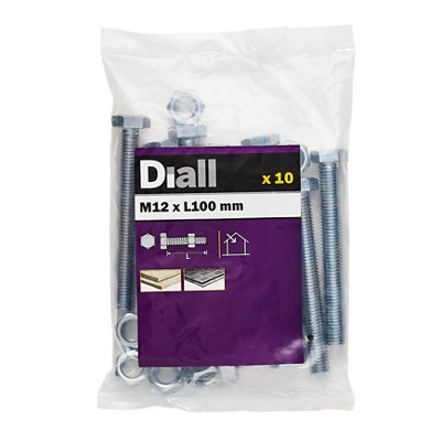 Diall M12 Hex Carbon Steel (Grade 5.8) Bolt & Nut (L)100mmPack Of 10 from B&Q