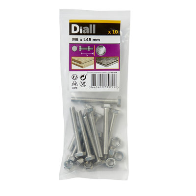 Diall M6 Hex Stainless Steel Bolt & Nut (L)45mm (Dia)6mmPack Of 10 from B&Q