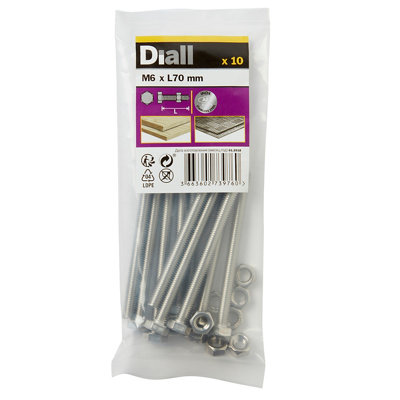 Diall M6 Hex Stainless Steel Bolt & Nut (L)70mm (Dia)6mmPack Of 10 from B&Q
