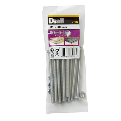 Diall M6 Hex Stainless Steel Bolt & Nut (L)80mm (Dia)6mmPack Of 10 from B&Q