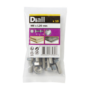 Diall M8 Hex Stainless Steel Bolt & Nut (L)20mm (Dia)8mmPack Of 10 from B&Q