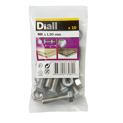 Diall M8 Hex Stainless Steel Bolt & Nut (L)30mm (Dia)8mmPack Of 10 from B&Q