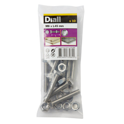 Diall M8 Hex Stainless Steel Bolt & Nut (L)45mm (Dia)8mmPack Of 10 from B&Q
