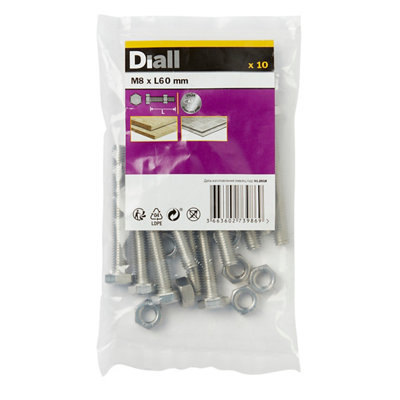 Diall M8 Hex Stainless Steel Bolt & Nut (L)60mm (Dia)8mmPack Of 10 from B&Q