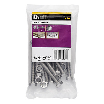 Diall M8 Hex A2 Stainless Steel Bolt & Nut (L)70mm (Dia)8mmPack Of 10 from B&Q