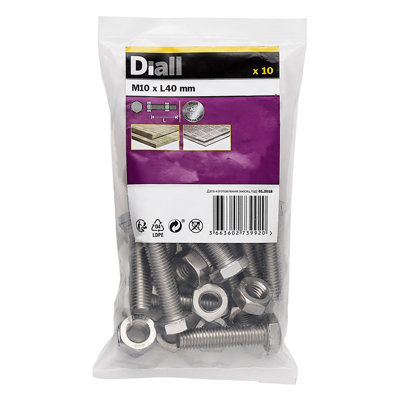 Diall M10 Hex A2 Stainless Steel Bolt & Nut (L)40mm (Dia)10mmPack Of 10 from B&Q