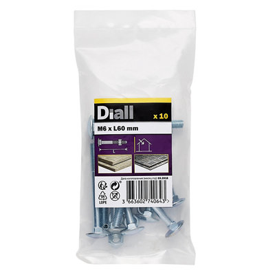 Diall M6 Coach Bolt & Nut (L)60mmPack Of 10 from B&Q
