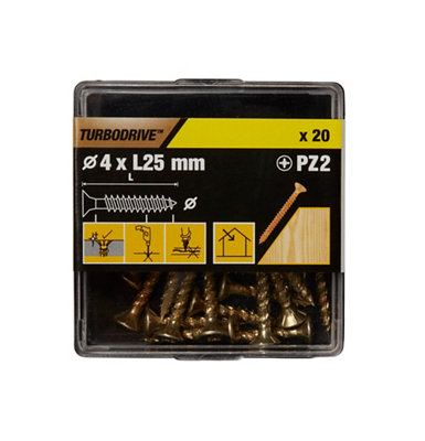 Turbodrive Pz Double Self-Countersunk Yellow-Passivated Steel Screw (Dia)4mmPack Of 20 from B&Q