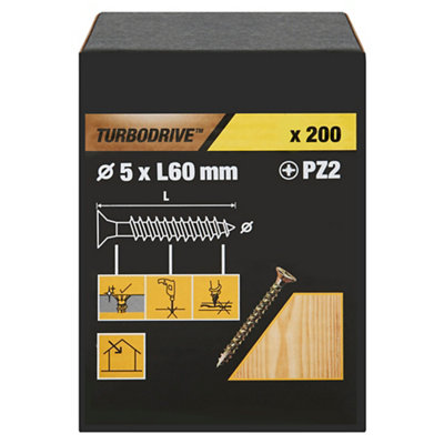 Turbodrive Pz Double-Countersunk Yellow-Passivated Steel Wood Screw (Dia)5mmPack Of 200 from B&Q