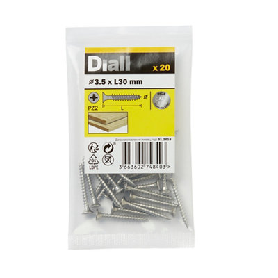 Diall Pozidriv Double-Countersunk A2 Stainless Steel Wood Screw (Dia)3.5mmPack Of 20 from B&Q