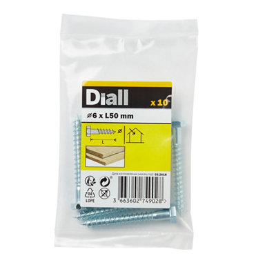 Diall Hex Zinc-Plated Carbon Steel Coach Screw (Dia)6mmPack Of 10 from B&Q
