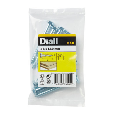 Diall Hex Zinc-Plated Carbon Steel Coach Screw (Dia)6mmPack Of 10 from B&Q