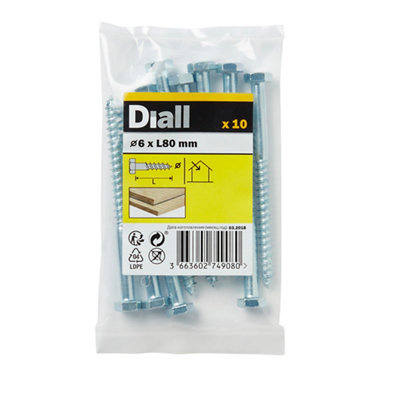 Diall Hex Zinc-Plated Carbon Steel Coach Screw (Dia)6mmPack Of 10 from B&Q